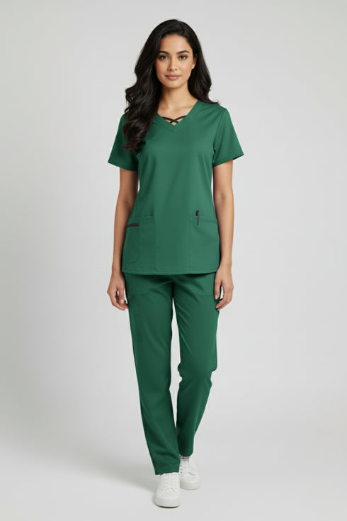 Women 3-Pocket Crisscross Contrast V-Neck Scrub